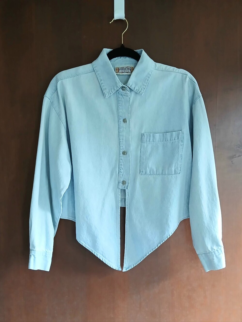 Vintage Jordache Womens Light Blue Casual Button-Down Crop Top Tie Shirt Large